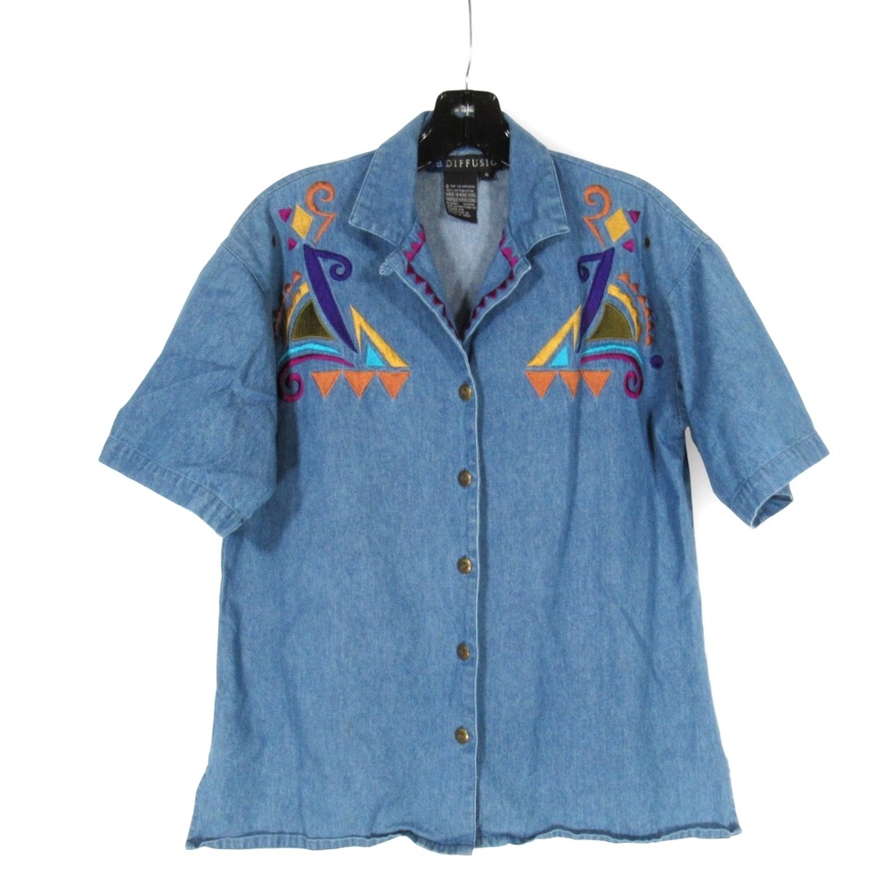 VTG IB DIFFUSION Blue Denim 80'S ABSTRACT EMBROIDERED Button-Up SHIRT/TOP Sz 6